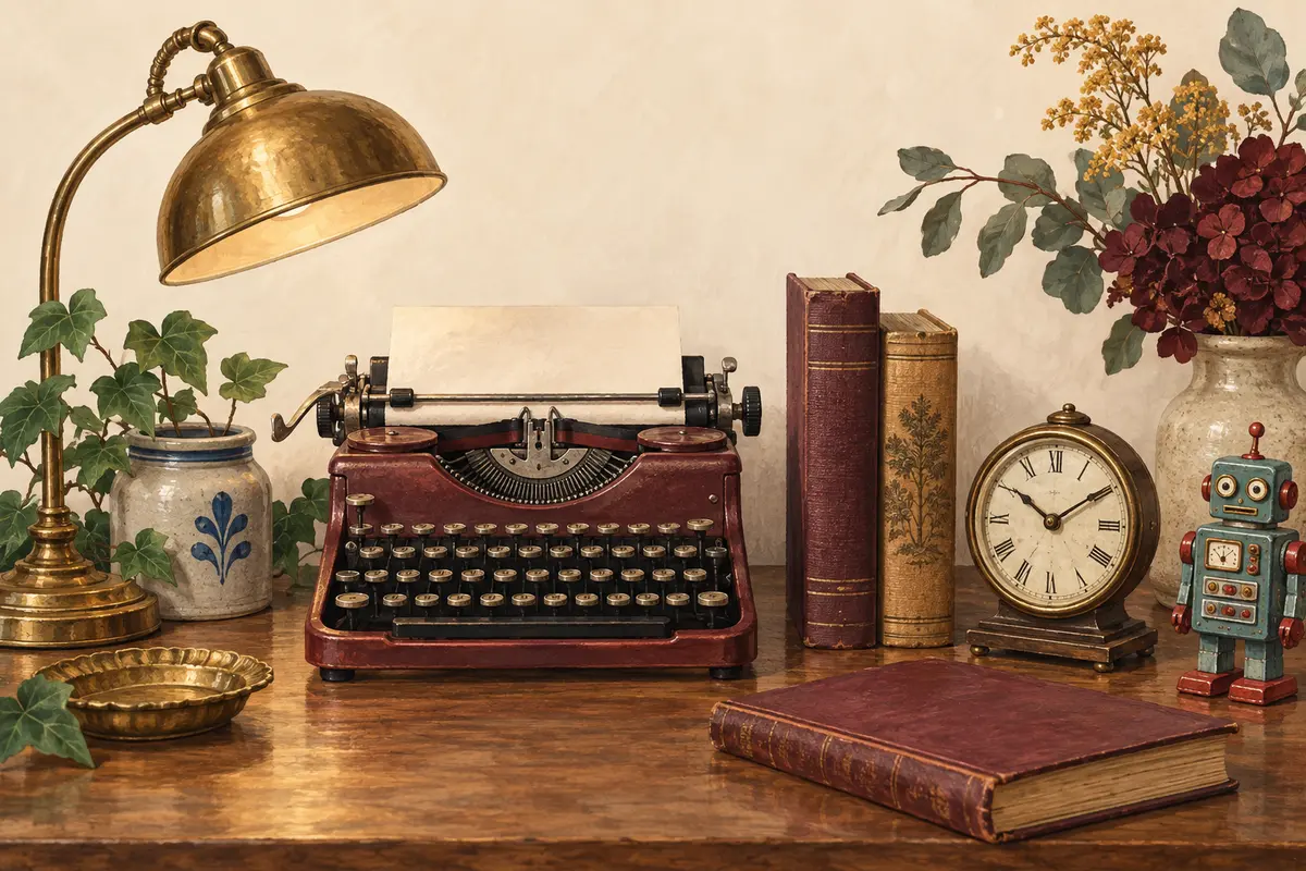 Illustration of vintage finds including a typewriter, lamp, books, clock and toy robot